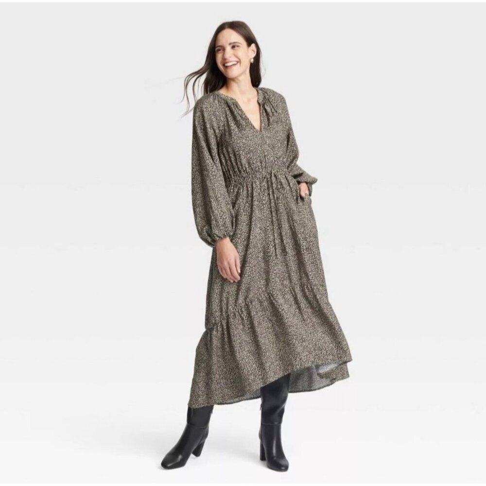 A.New Day Ballon Long Sleeve Tiered Maxi Dress Animal Print with pockets XS NWT